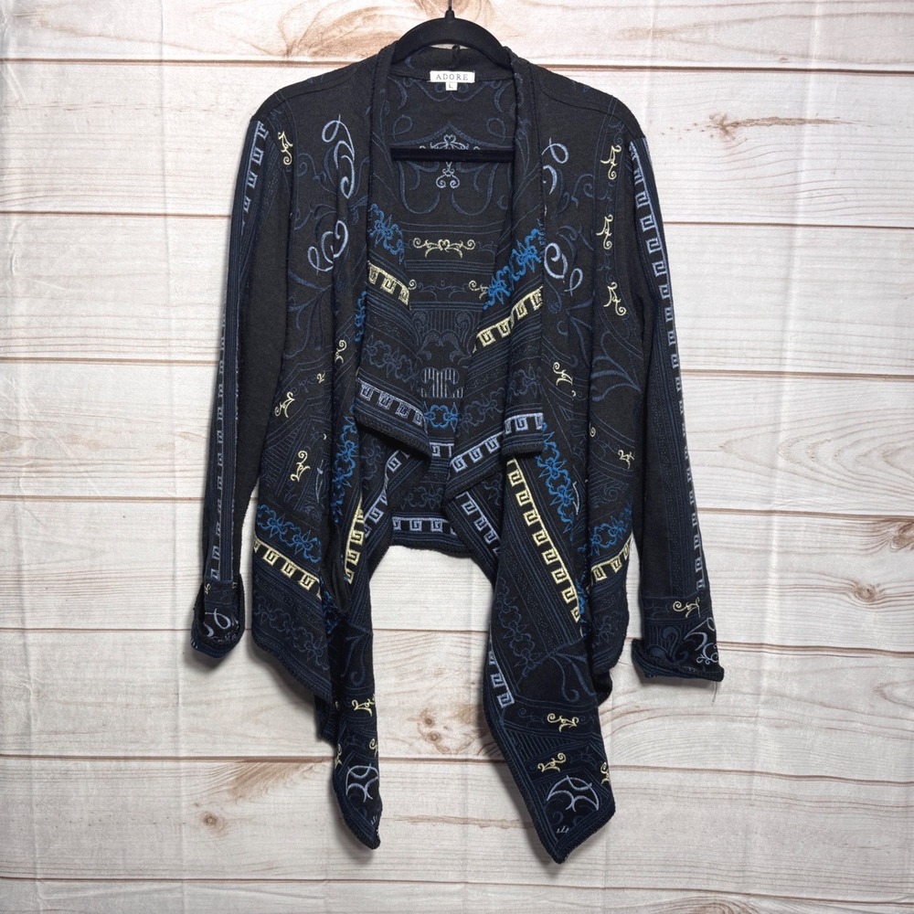 Adore Black Embroidered Draped Open Front Cardigan Waterfall Asymmetrical Large